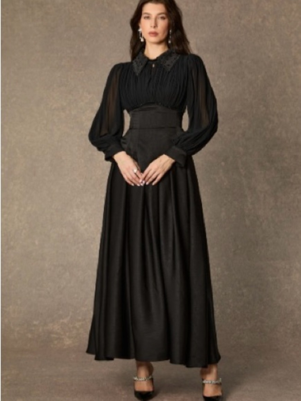 Sunfere women’s Black Long-Sleeve Maxi corset Dress size m new